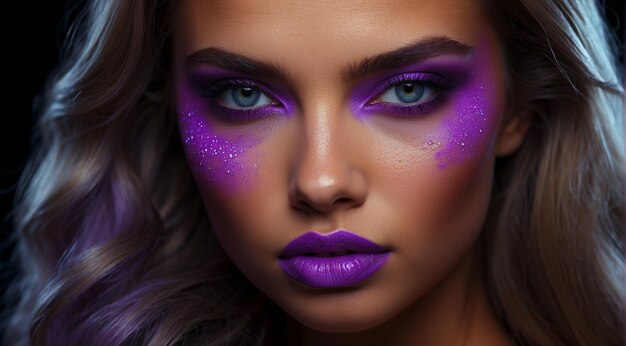 mooie jonge vrouw UV Neon Pigment Make-up Fluorescerende kleuren donkere achtergrond vrouw met UV make-up