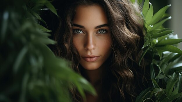Foto mooie jonge vrouw39s gezicht met natuurlijke make-up achter groene bladeren terwijl ze naar de camera kijkt