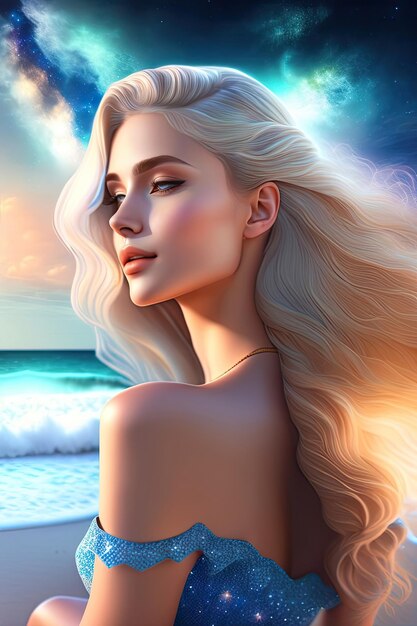 Mooie jonge vrouwen met blond golvend haar zitten op het strand en dromen van de sterrenhemel 3d illu