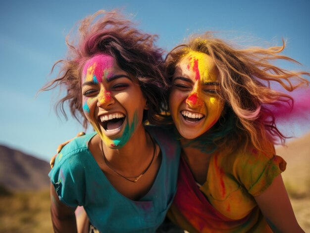 Foto mooie jonge vrouwen spelen holi kleuren.