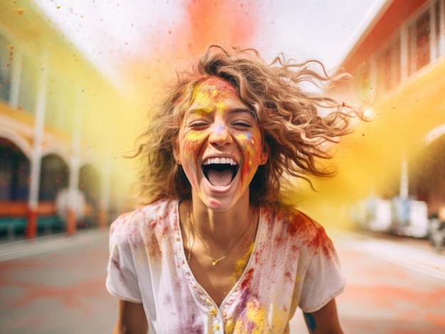 Foto mooie jonge vrouwen spelen holi kleuren.