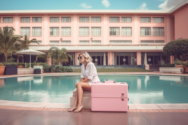 Foto mooie jonge vrouwenzitting dichtbij het zwembad met roze koffer