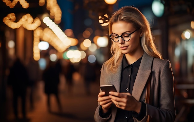 Mooie jonge zakenvrouw die naar zijn telefoon kijkt.