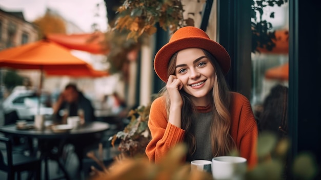 Mooie jongedame zittend in café op een herfstdag