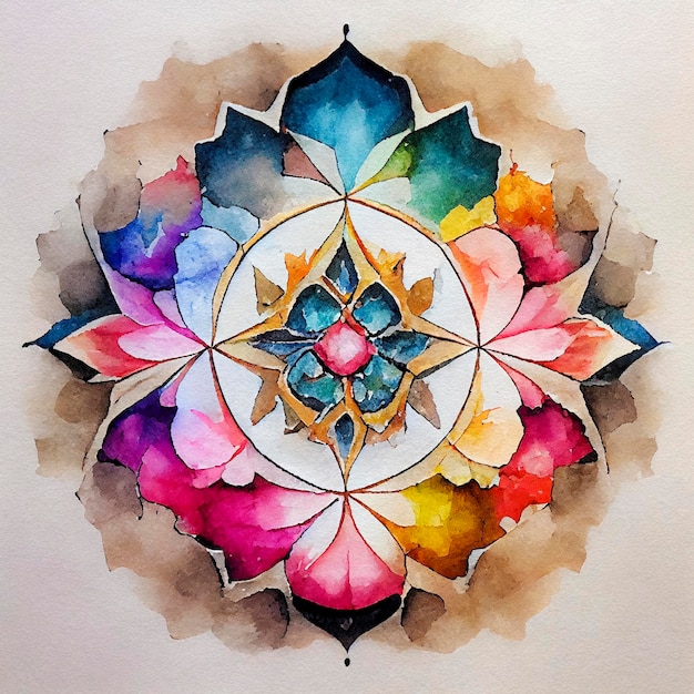 Mooie kaart met bloemenmandala Geometrische cirkelelement Kaart voor elk soort ontwerp verjaardag vakantie of bruiloft Aquarel en inkt levendige kleuren yoga zen india arabisch 3D illustratie