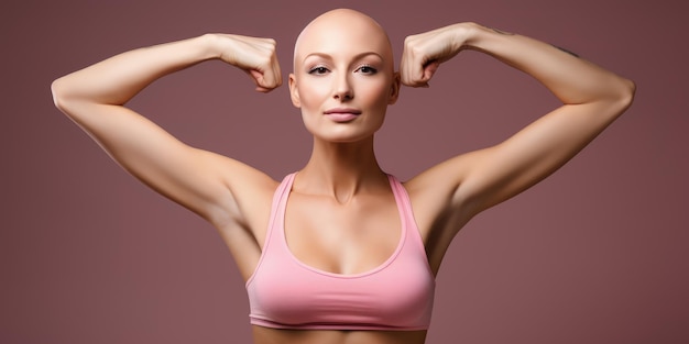 Mooie kale vrouw die vecht tegen borstkanker, krachtige vrouw en haar armen omklemt als een overlevende