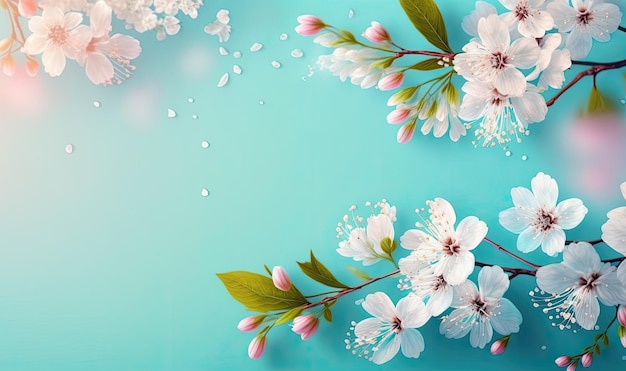 Mooie kersenbloesems op blauwe achtergrond met kopie ruimte voor tekst lente thema