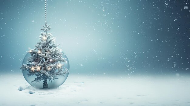 Mooie kerstbal hangend op de achtergrond met sneeuwschitteringen Kerstverwelkingskaart met glazen bol Gegenereerde AI
