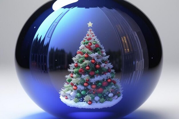 Foto mooie kerstblauwe en gouden achtergrond met sneeuw x kerstboom binnen kerstbal bauble