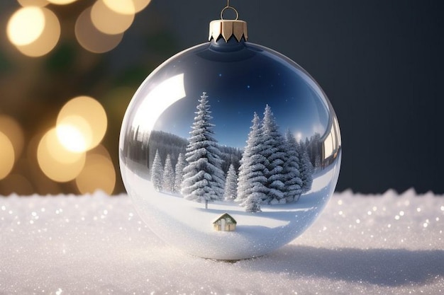 Mooie kerstblauwe en gouden achtergrond met sneeuw x kerstboom binnen kerstbal bauble
