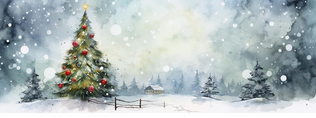 Mooie kerstboom in het winterlandschap met sneeuw Waterkleur illustratie voor ontwerpdruk