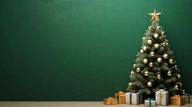 Mooie kerstboom met cadeautjes in de buurt van kleurenmuur in de kamer