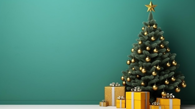 Foto mooie kerstboom met cadeautjes in de buurt van kleurenmuur in de kamer