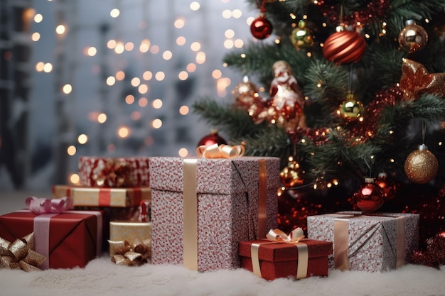 Mooie kerstcadeaus onder de dennenboom op de vloer in de kamer.