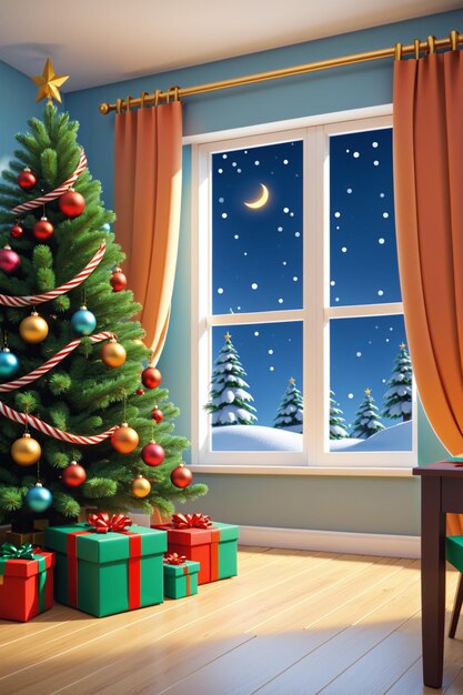 Mooie kerstillustratie met versierde kerstboomgeschenkdozen en raam met maan en sterren Generatieve AI
