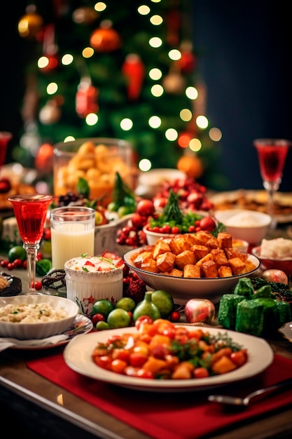 Mooie kersttafel vol met eten Generatieve AI Xmas