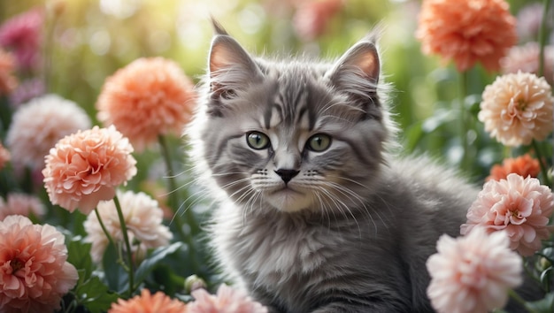 mooie kitten kat omringd door verse bloemen buiten