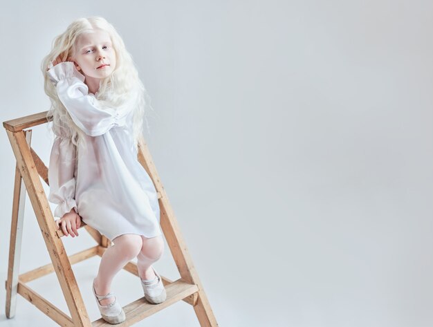 Mooie kleine albino meisje met wit haar zittend op een stoel op witte achtergrond