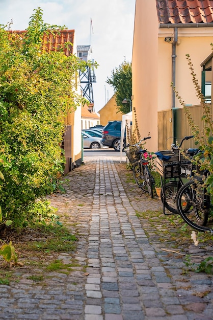 Mooie kleine gele rustieke huizen in traditionele Scandinavische stijl