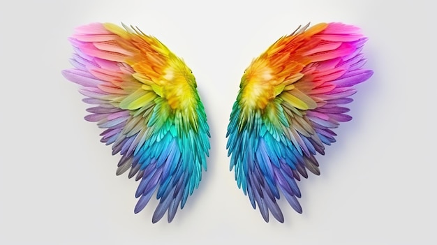 Foto mooie kleurrijke veer regenboog vleugels geïsoleerd op witte achtergrond mockup generatieve ai