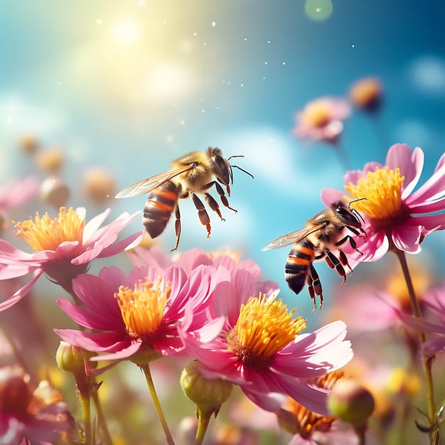 Mooie kleurrijke zomer lente natuurlijke bloem achtergrond Bijen werken op een zonnige dag