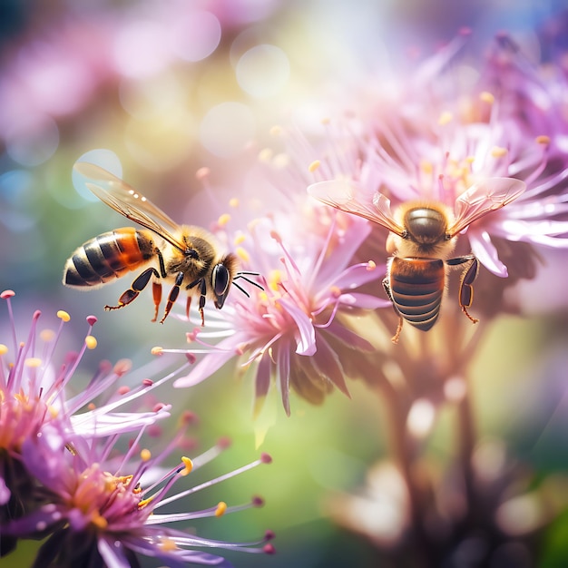 Mooie kleurrijke zomer lente natuurlijke bloem achtergrond Bijen werken op een zonnige dag