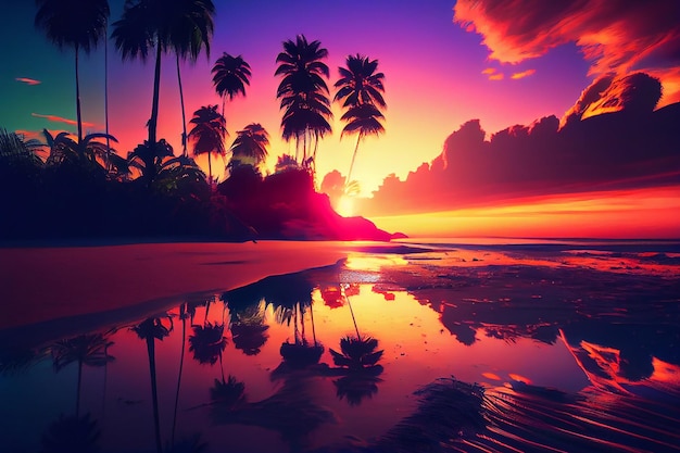 Mooie Kleurrijke Zonsondergang Achtergrond Tropische Oceaan strand Illustratie Generatieve AI