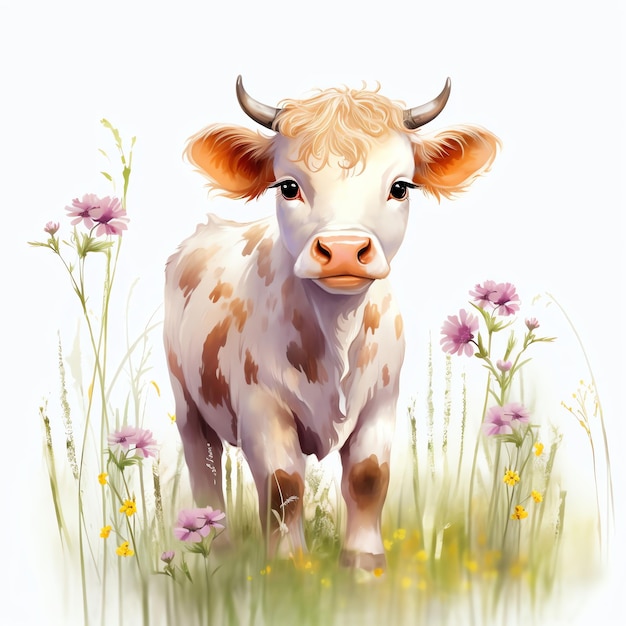 mooie koe die vredig graast in een grasveld in magische sprookjesclipart van de boerderij