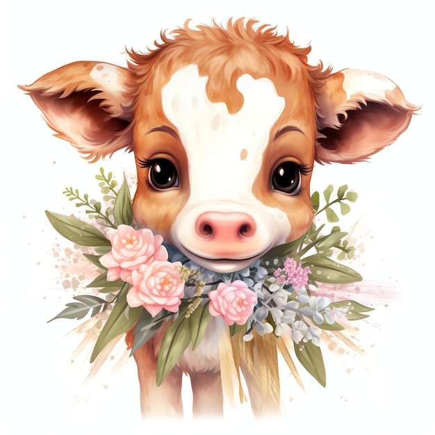 mooie koe met een bloemboeket in boerderij magische sprookjesachtige clipart illustratie