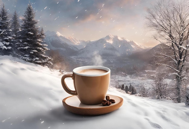 Mooie koffiekop met koffie op winterachtergrond Bruine koffiebeker op kerstachtergrond