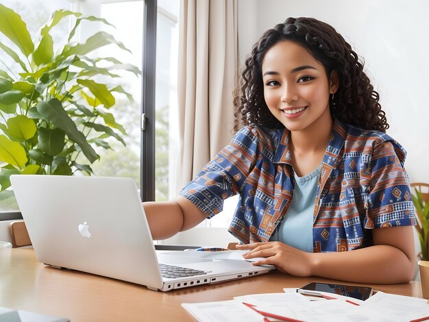 Foto mooie lachende etnische vrouw werkt op afstand op laptop vanuit huis