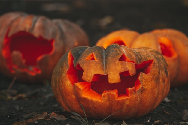 Mooie lachende gloed oranje grappig gezicht gesneden pompoenen voor Halloween vakantie in dag buiten