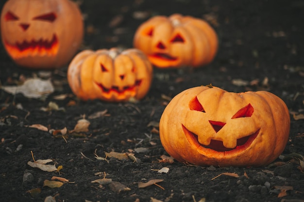 Mooie lachende gloed oranje grappig gezicht gesneden pompoenen voor Halloween vakantie in dag buiten