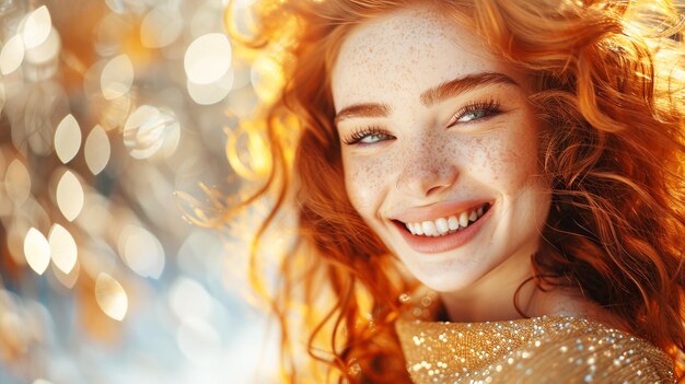 Foto mooie lachende roodharige jonge vrouw met lang krullend haar op een heldere glanzende bokeh achtergrond