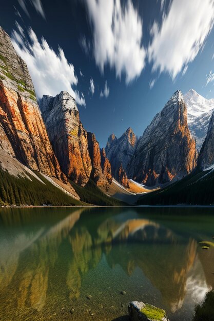 Mooie landschap fotografie behang achtergrond pieken meer canyon hemel witte wolken