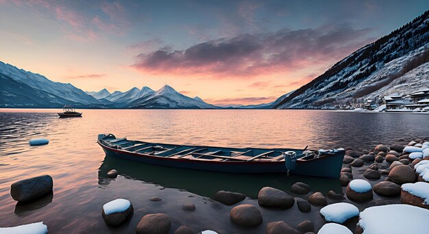 Mooie landschapsberg op een meer met een boot