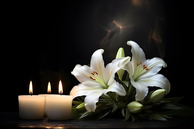Mooie lelie en brandende kaars op donkere achtergrond met ruimte voor tekst Begrafenis witte bloemen