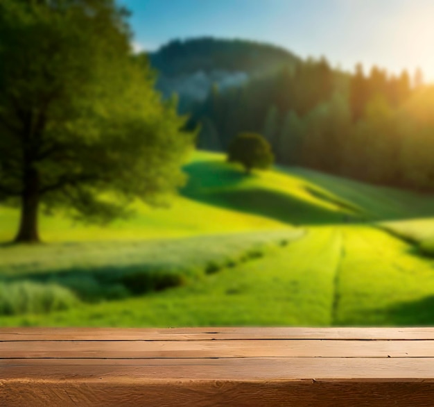 Mooie lente groene weide achtergrond met lege houten tafel voor product display natuur wazig