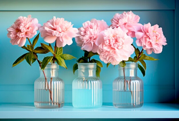 Mooie lente roze bloemen in een vaas op tafel bij een blauwe muur bloemige achtergrond ansichtkaart