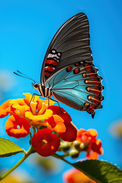 Mooie lente zomer afbeelding van Morpho vlinder voeden met oranje lantana bloem tegen blauwe hemel