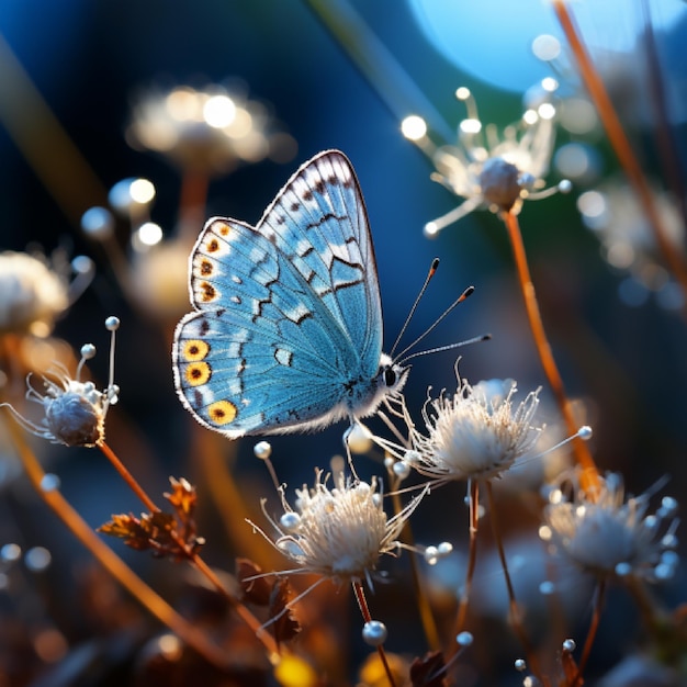 Foto mooie lichtblauwe vlinder vliegt op bloemen.