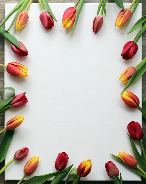 Mooie lijst voor tekst op canvas gedecoreerd met tulpen voor een wenskaart voor 8 maart of andere.