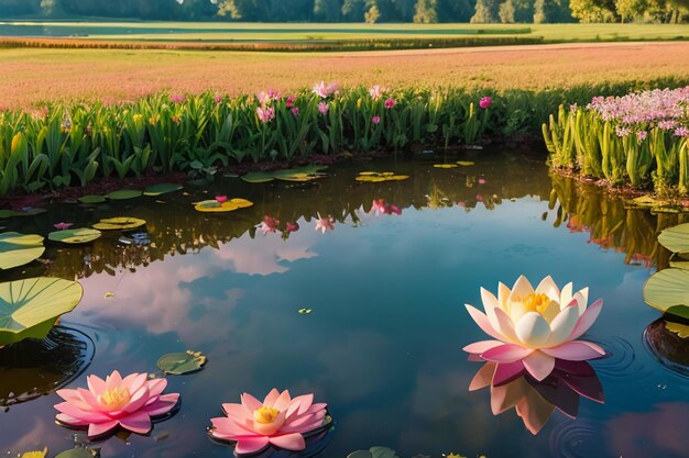 Mooie lotus water oppervlakte vijver Chinese bloem roze lotus lotus wortel behang achtergrond