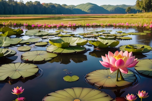 Mooie lotus water oppervlakte vijver Chinese bloem roze lotus lotus wortel behang achtergrond