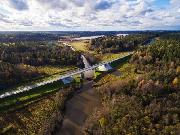 Mooie luchtfoto van de brug over de rivier omringd door bos