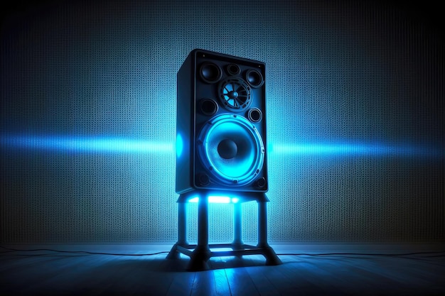 Mooie luidsprekerstandaard met grote geluidsaudioluidspreker op het podium met blauw licht genererende ai