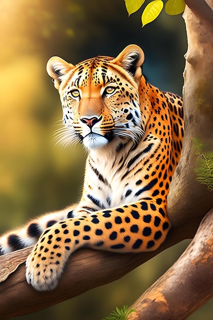 Mooie luipaard liggend op boomtak Wildlife scène Digitaal kunstwerk