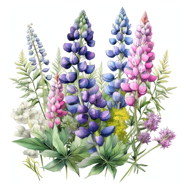 mooie Lupine bloemen in een sprookjestuin aquarel clipart illustratie