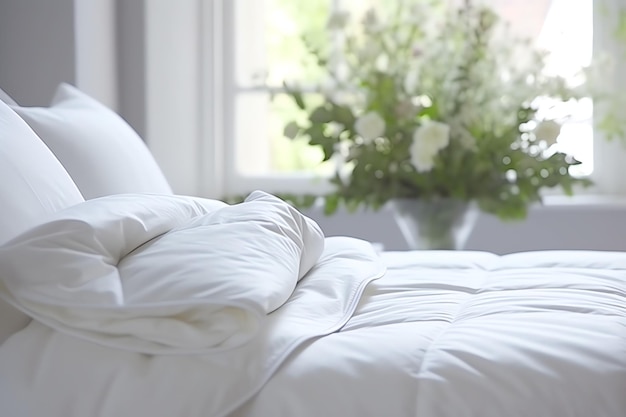 Mooie luxe comfortabele witte kussen en deken op bed decoratie Luxe witte dun beddoek