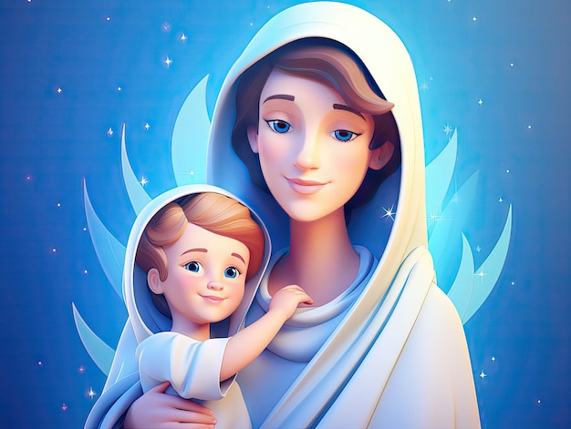 Mooie Maagd Maria met zijn zoon Jezus 3D character design cartoon kleurrijke en speelse scène